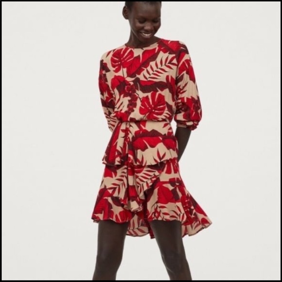 H&M Dresses & Skirts - Johanna Ortiz X H&M Flounced Leaf Print Dress Red